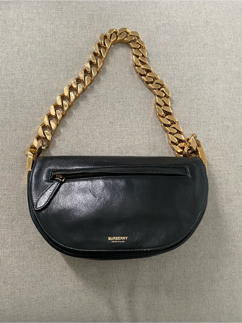 Burberry Olympia Black Leather Shoulder Bag with Gold Chain